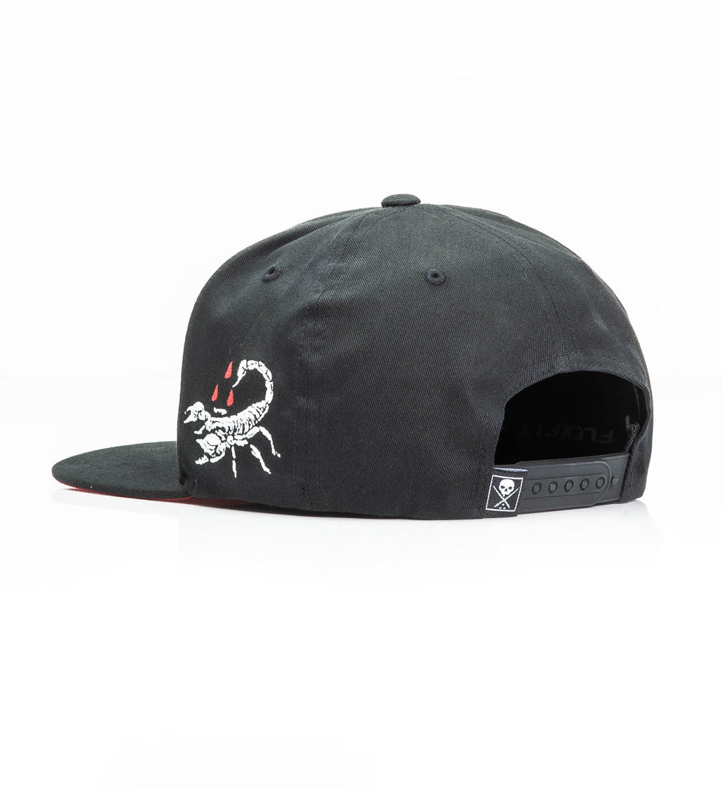 Black cap with a scorpion logo on a white background