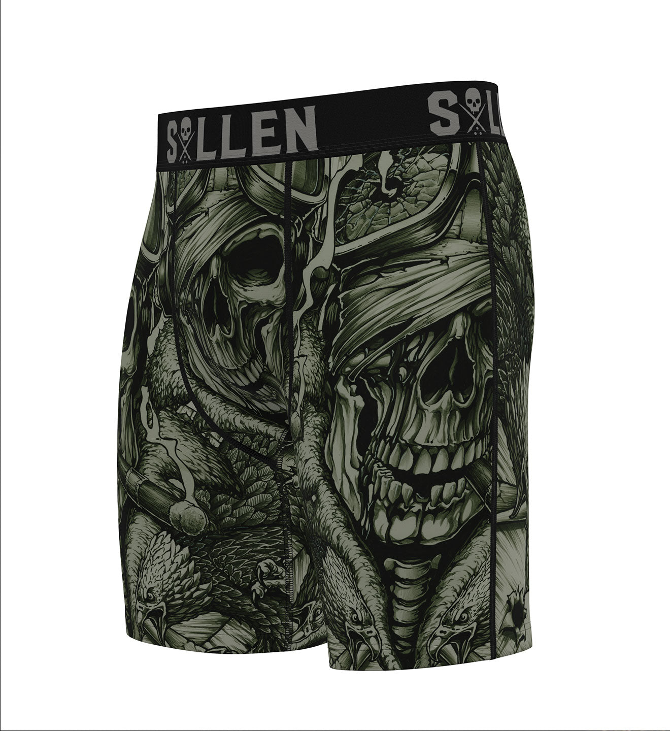 Skull-themed shorts with 'Sullen' branding on a white background