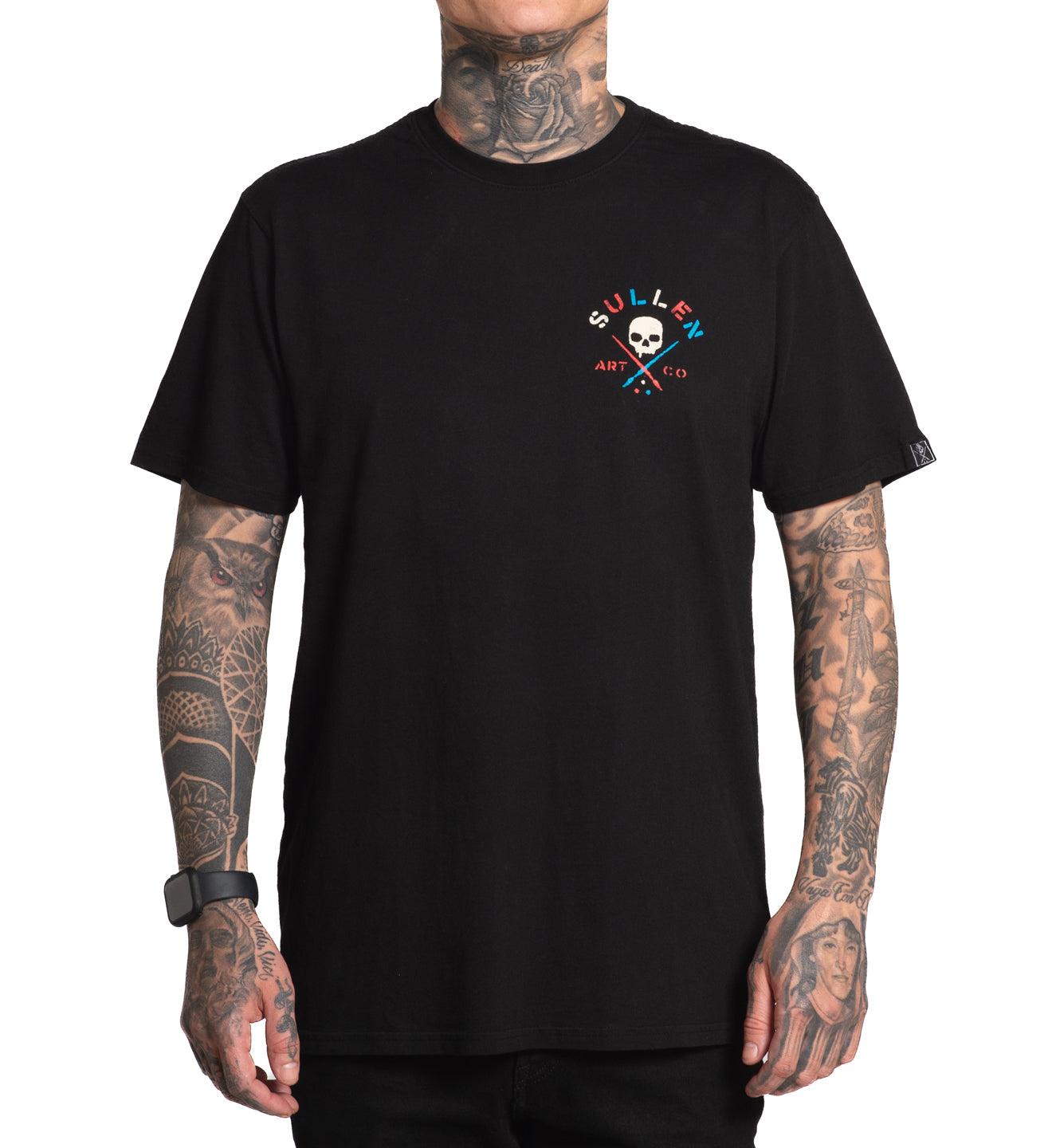 Person wearing a black t-shirt with a logo on a white background