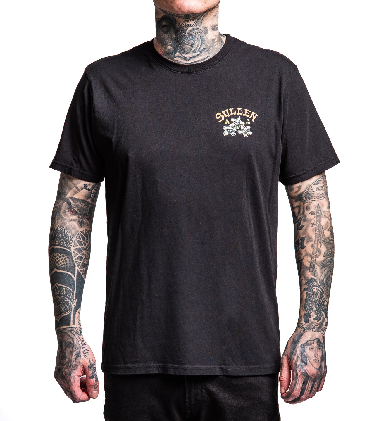 Person wearing a black t-shirt with a logo on a white background