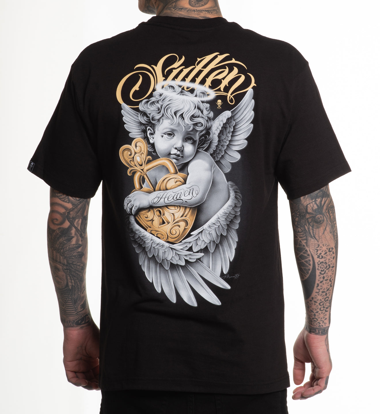 Black t-shirt with angel design and 'Sullen' branding on a white background