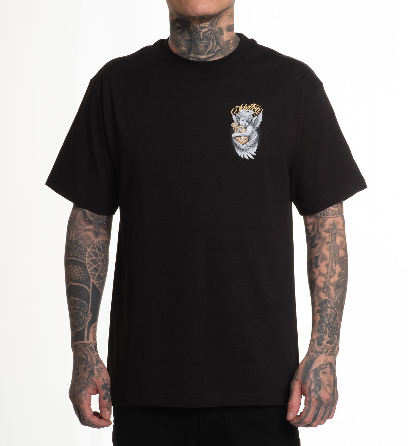 Black t-shirt with a graphic design on a white background