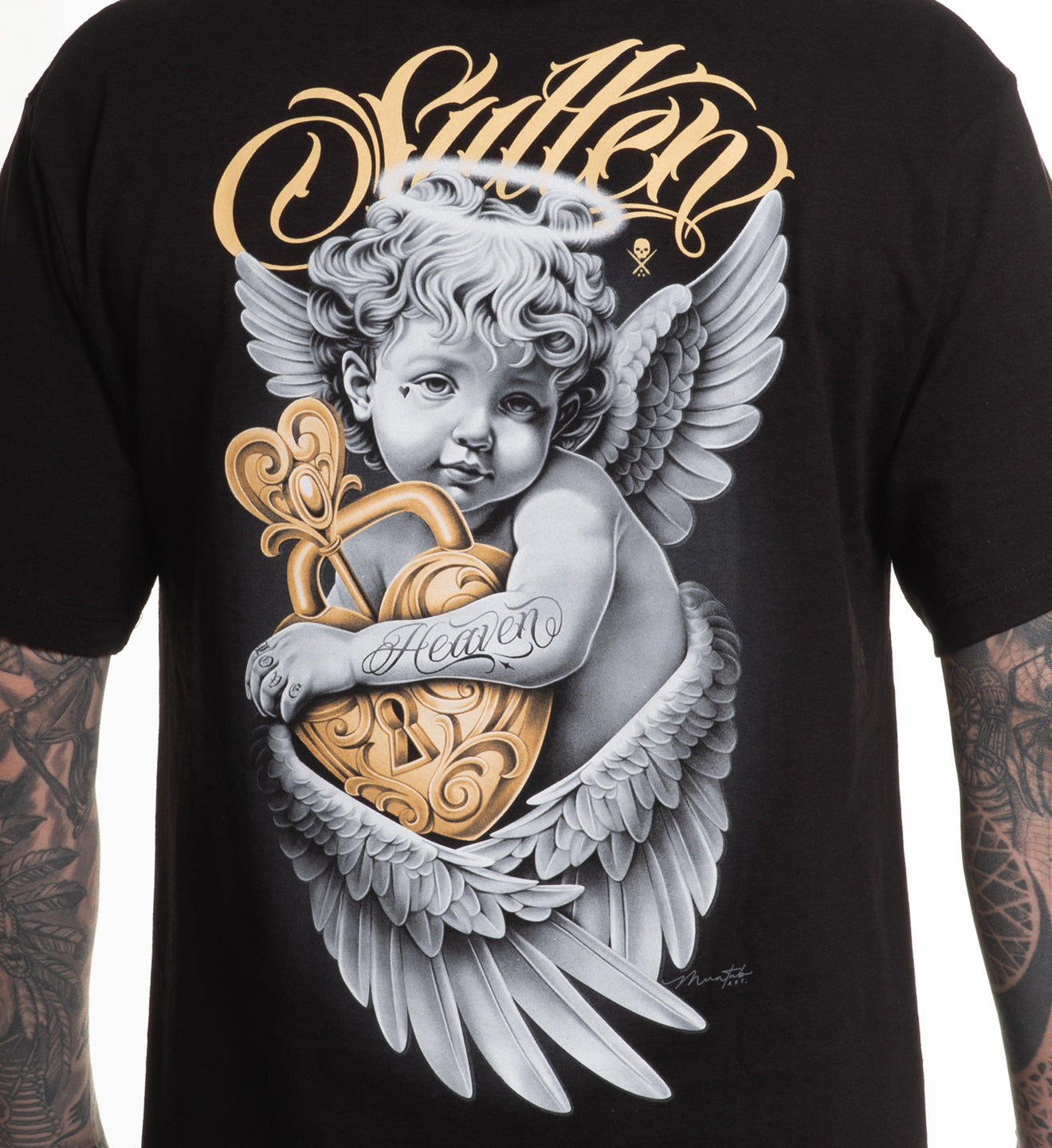 Black t-shirt with angel design and 'Sullen' branding on a white background
