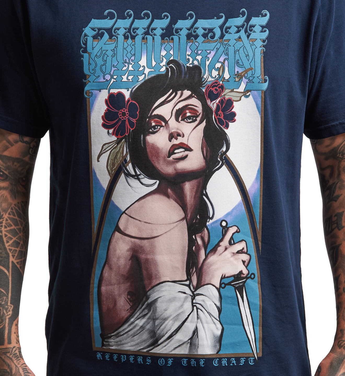 Navy blue t-shirt with a graphic design of a woman holding a sword and text on a white background