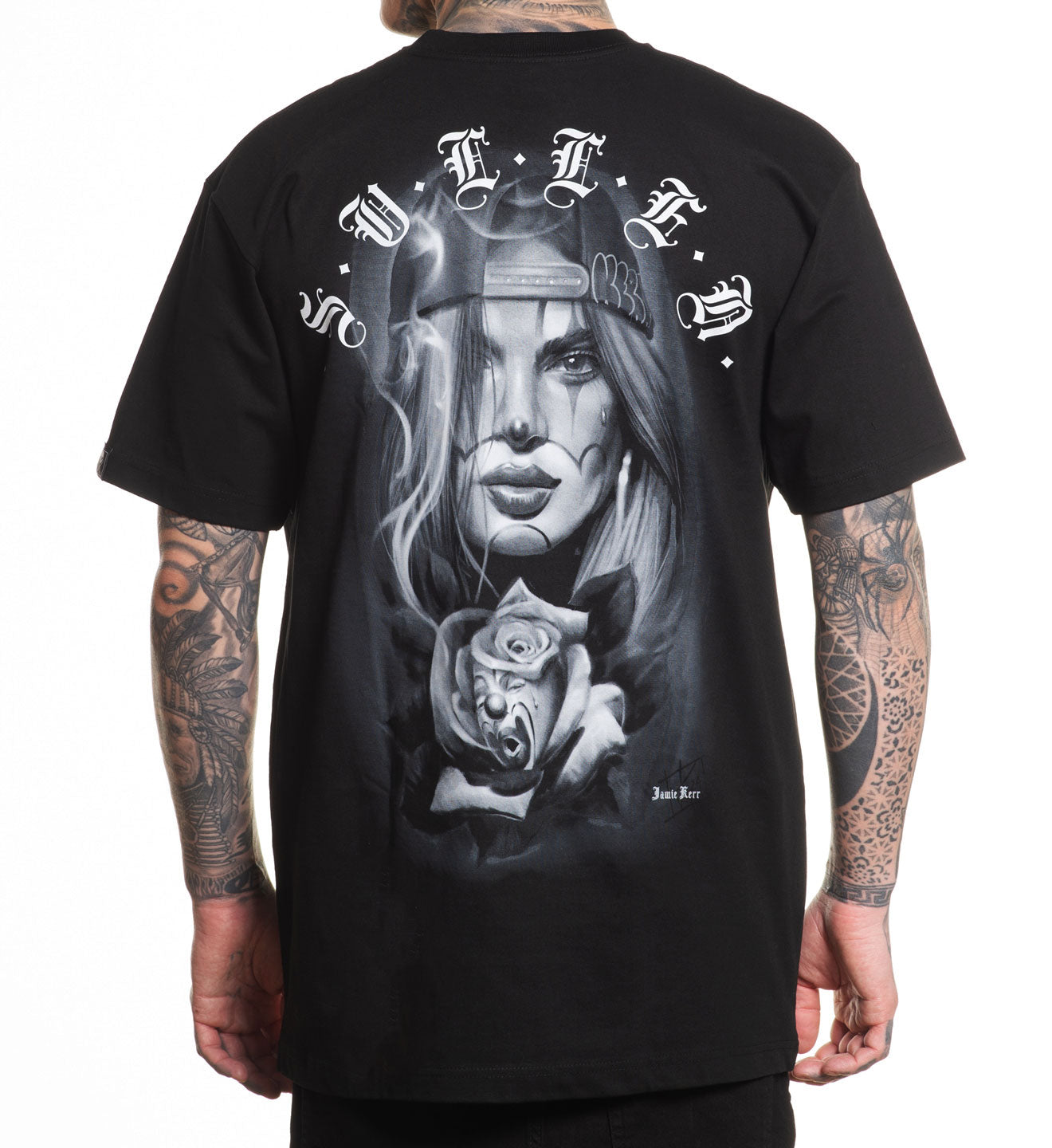 Black t-shirt with a graphic design of a woman's face, rose, and text on the back.