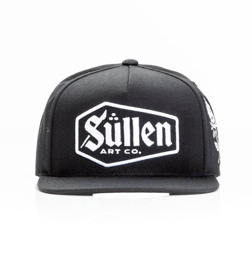 Black cap with a white logo on a white background