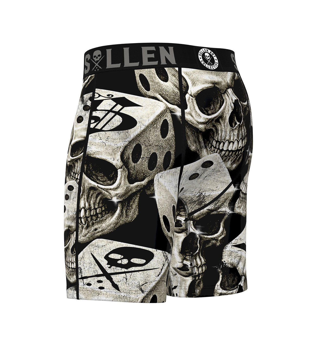 Boxer briefs with skull and dice design on a white background