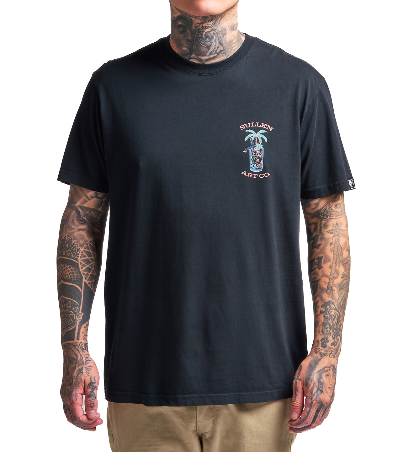 Person wearing a black t-shirt with a logo on a white background