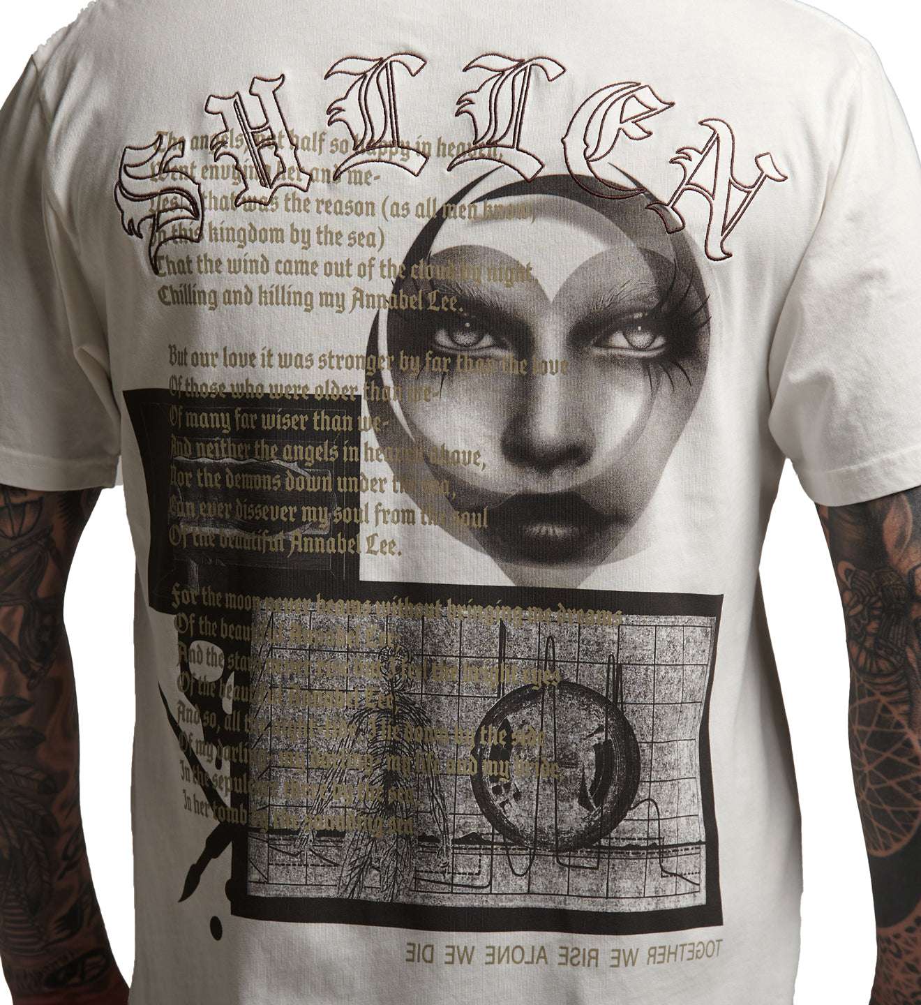 White t-shirt with graphic design featuring a face and text on a white background