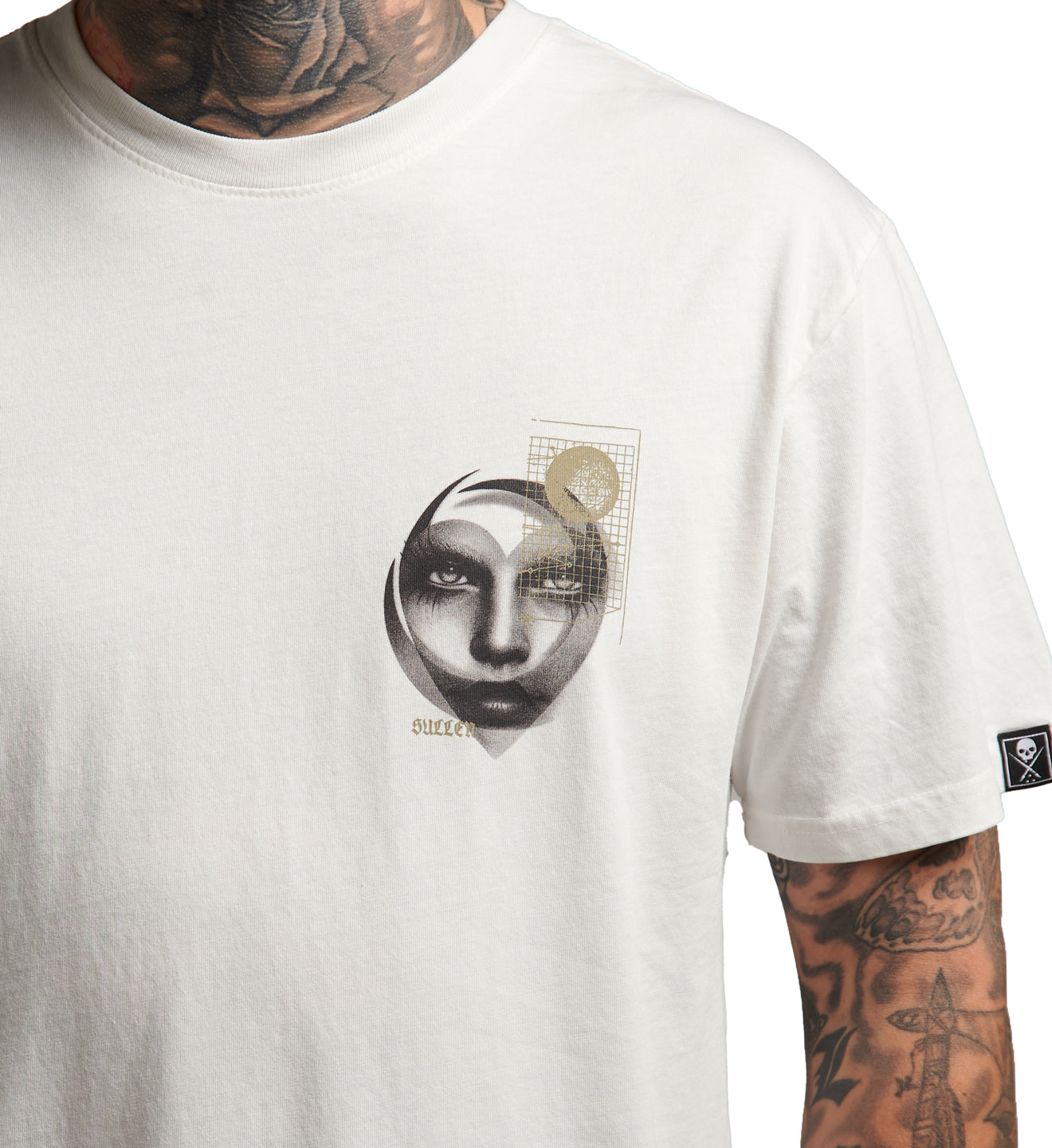 White t-shirt with a graphic design on a person wearing it.
