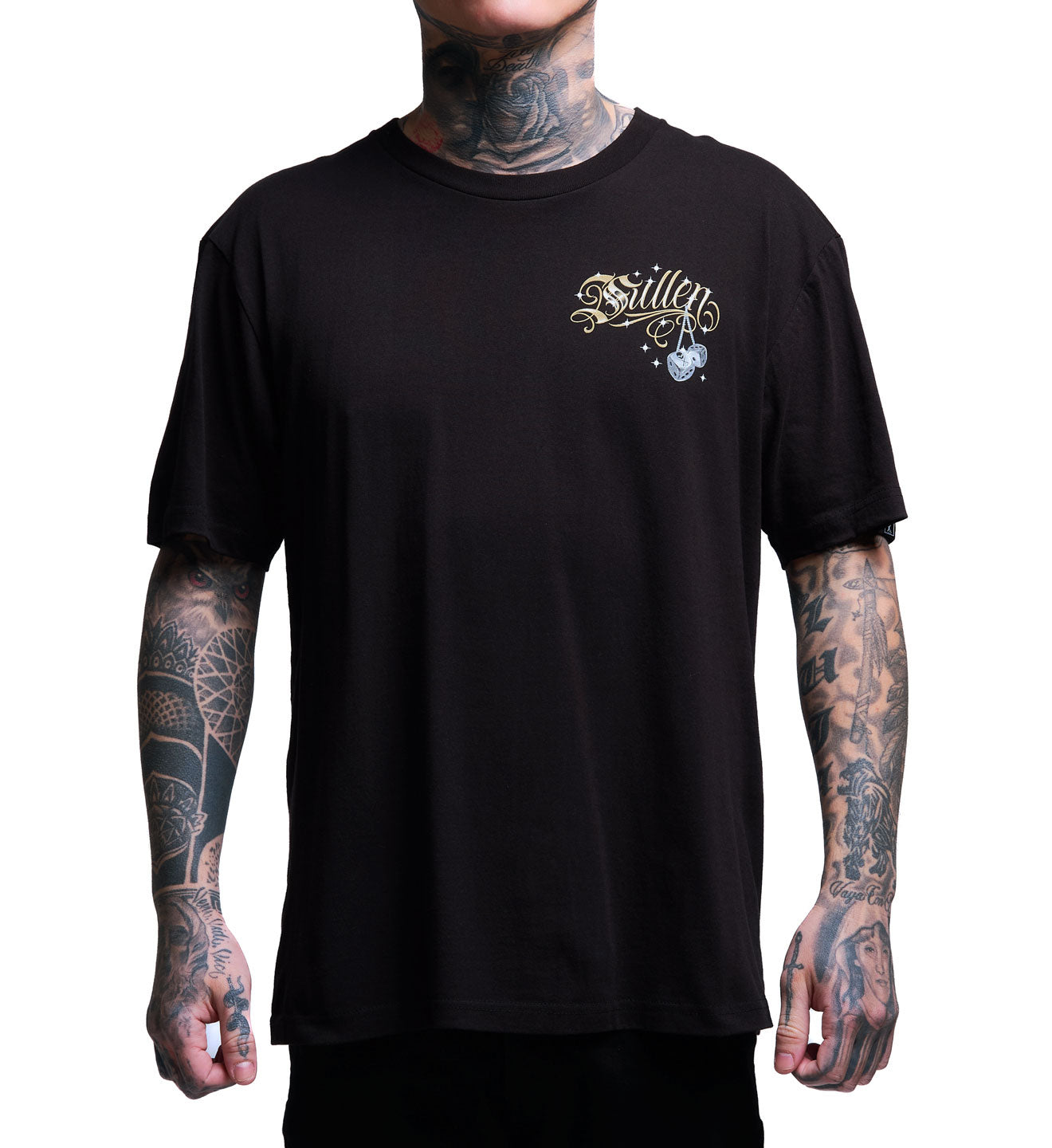 Person wearing a black t-shirt with a logo on a white background