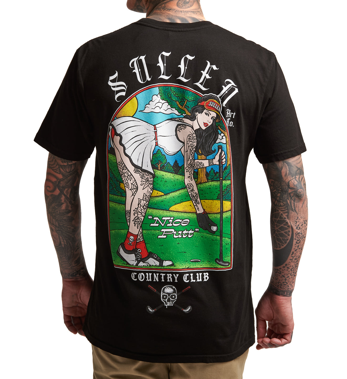 Black t-shirt with a colorful graphic design on the back, featuring a woman with tattoos and golfing equipment.
