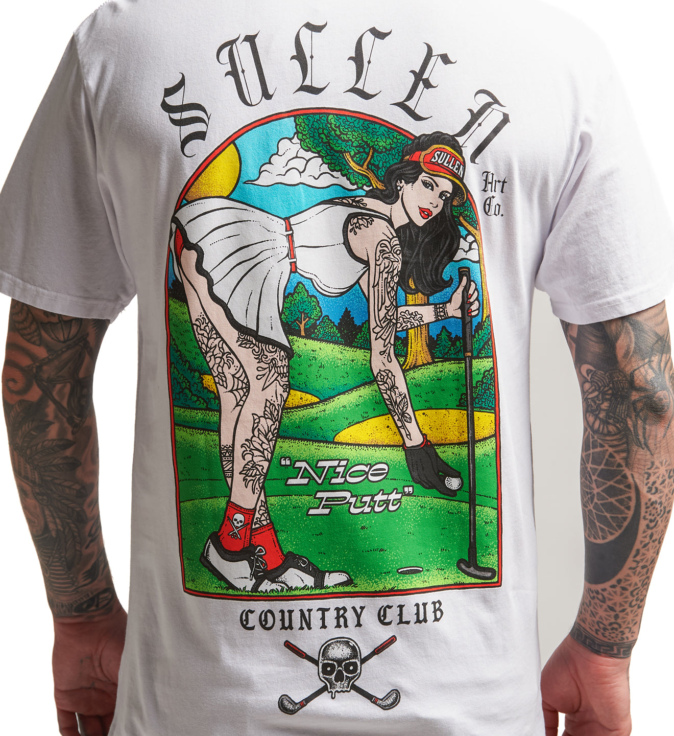 White t-shirt with a graphic design of a woman holding a golf club and text on a white background