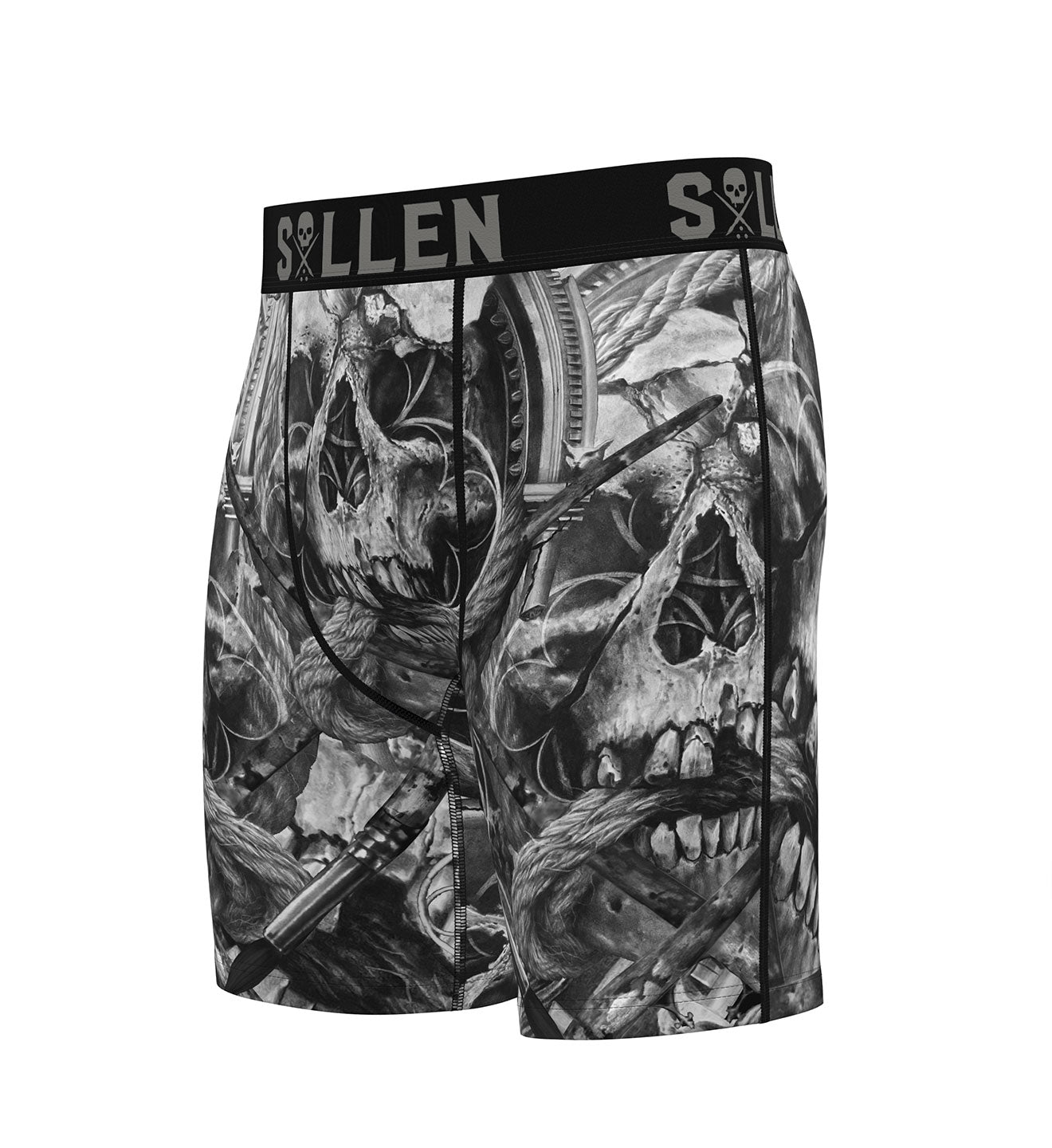 Skull-themed underwear with intricate designs on a white background
