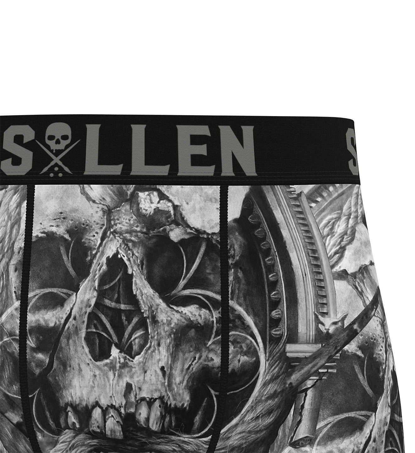 Men's underwear with skull and crossbones design and 'Sullen' brand logo.