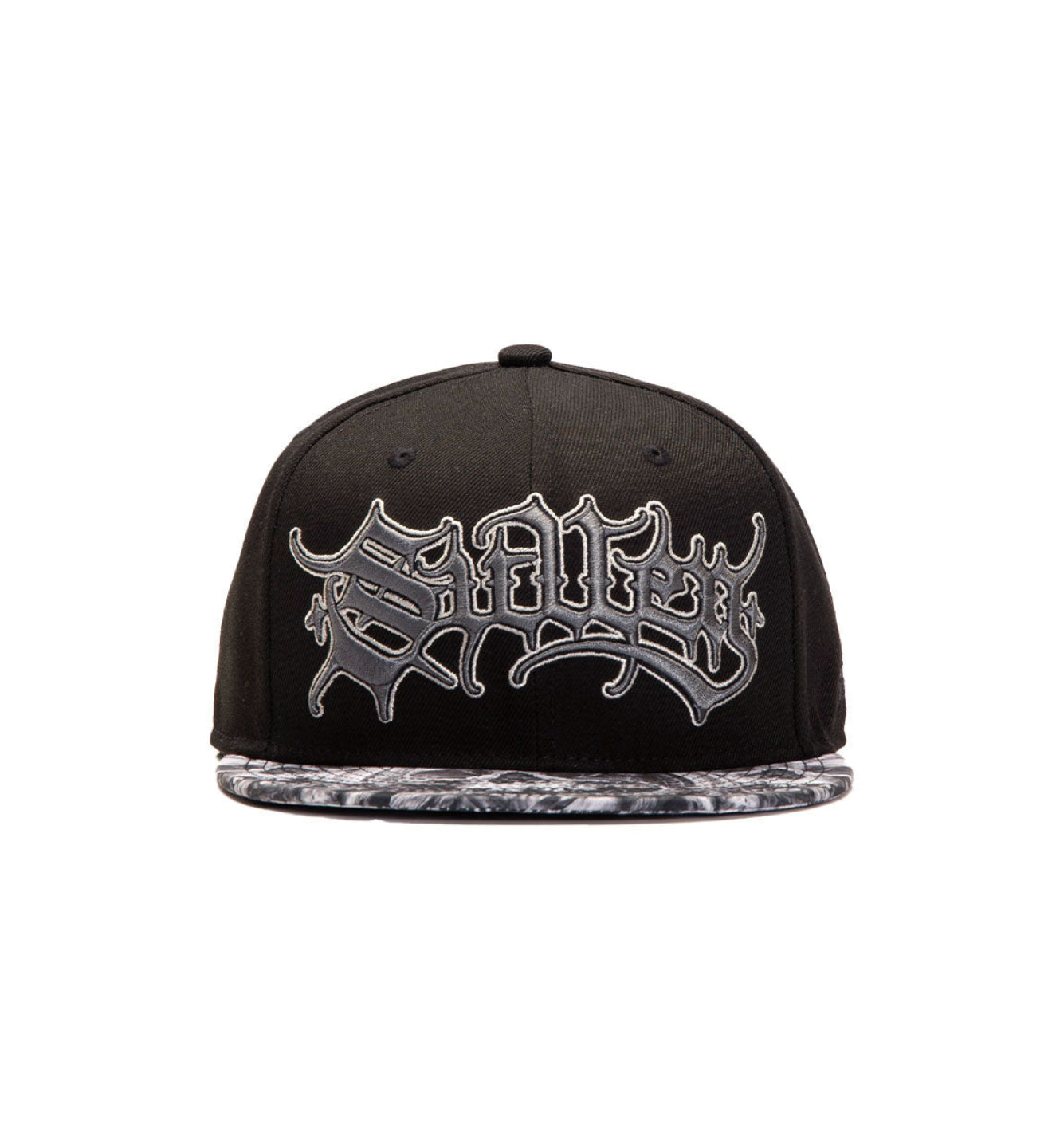 Black cap with a silver logo on a white background