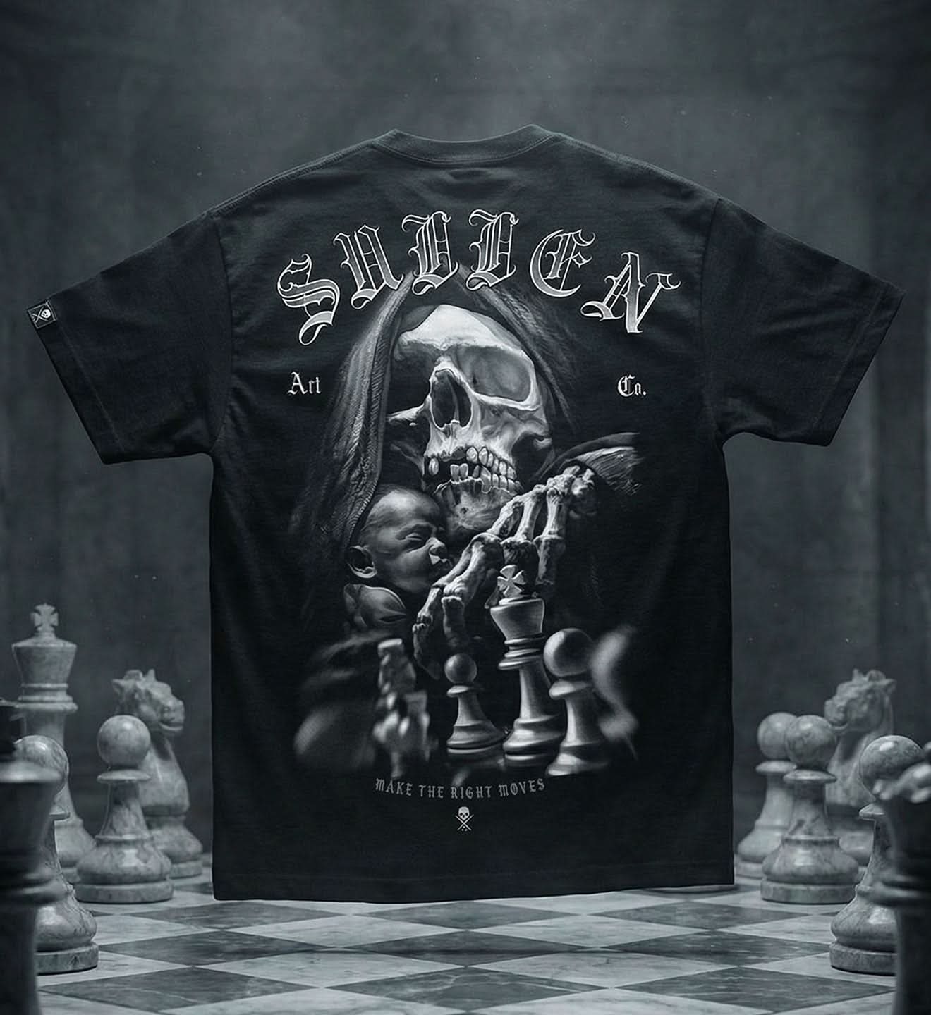 Black t-shirt with a graphic design of a skull and chess pieces on a checkered floor background.