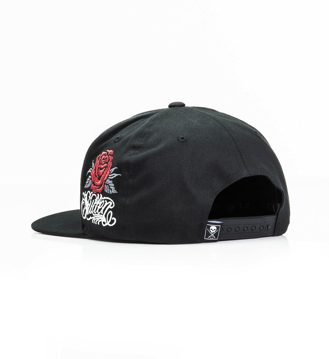 Black cap with rose and text design on a white background