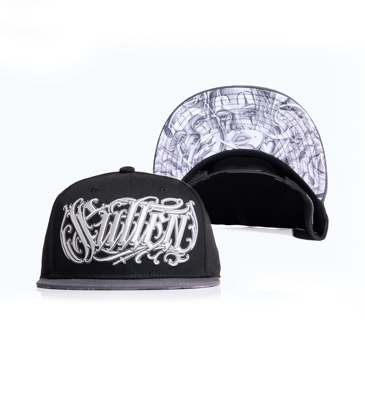 Black cap with white logo and black and white patterned interior on a white background