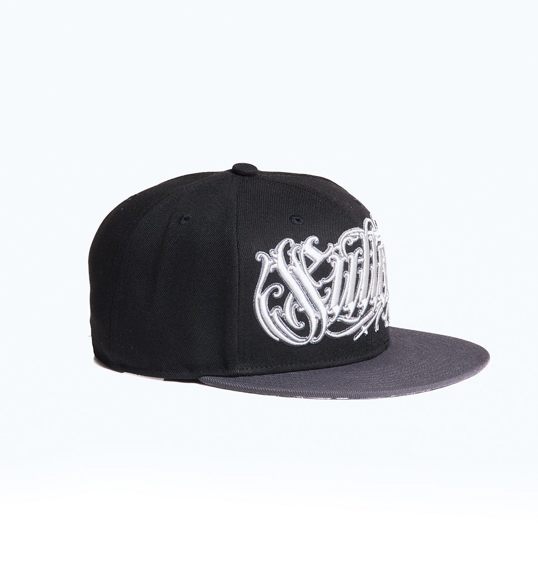 Black cap with white logo on a white background