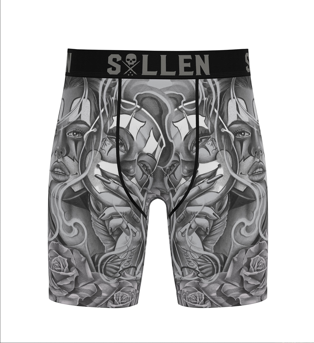 Black and white tattoo-style boxer briefs with 'Sullen' branding on a white background