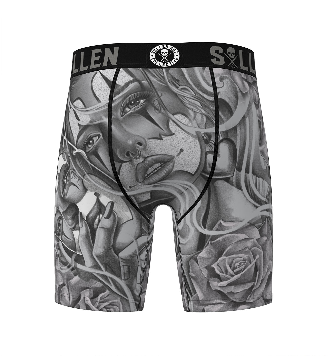 Black and gray tattoo-style boxer briefs with a brand logo on a white background