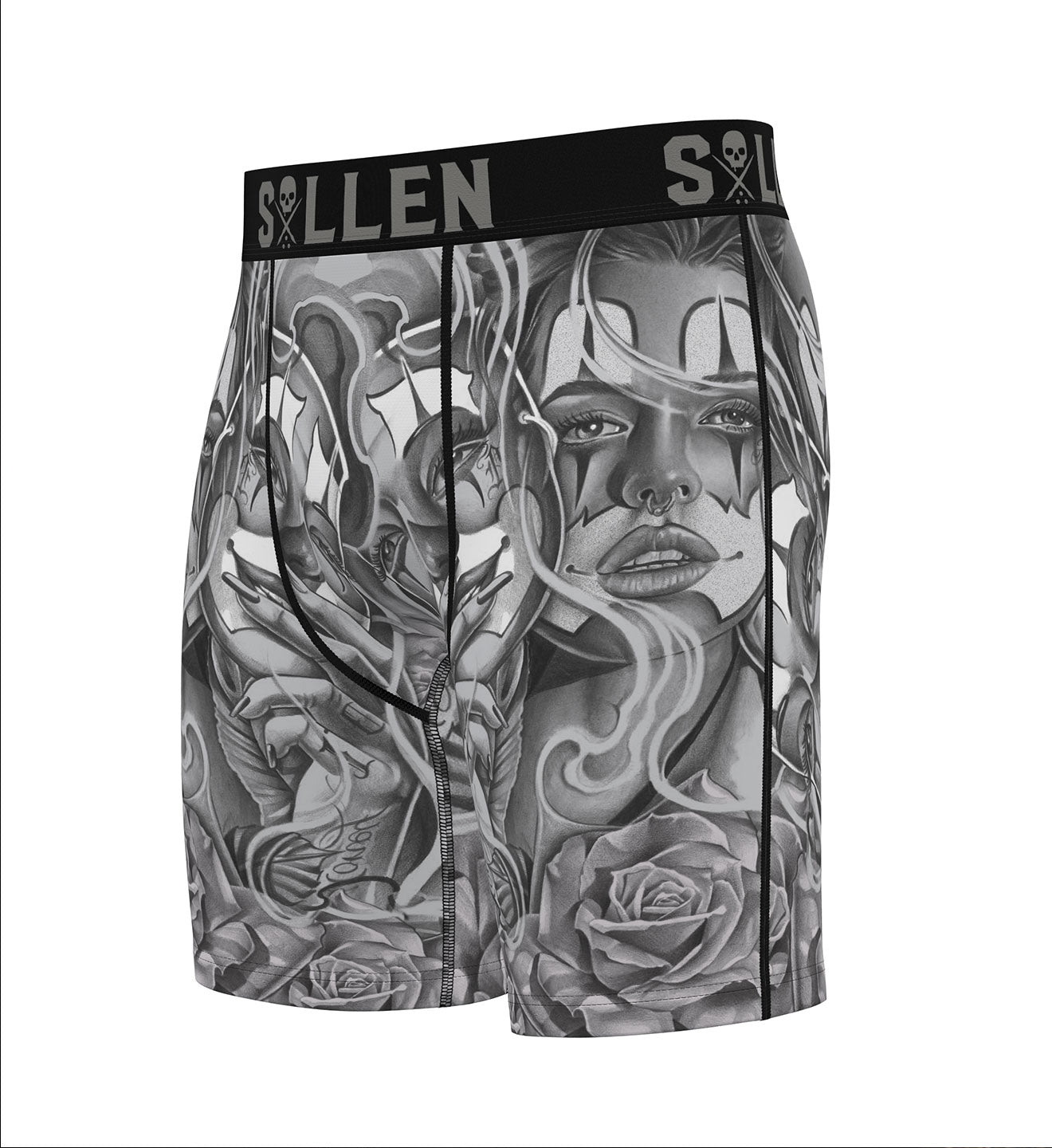 Black and white graphic design on a pair of shorts with 'Sullen' branding.
