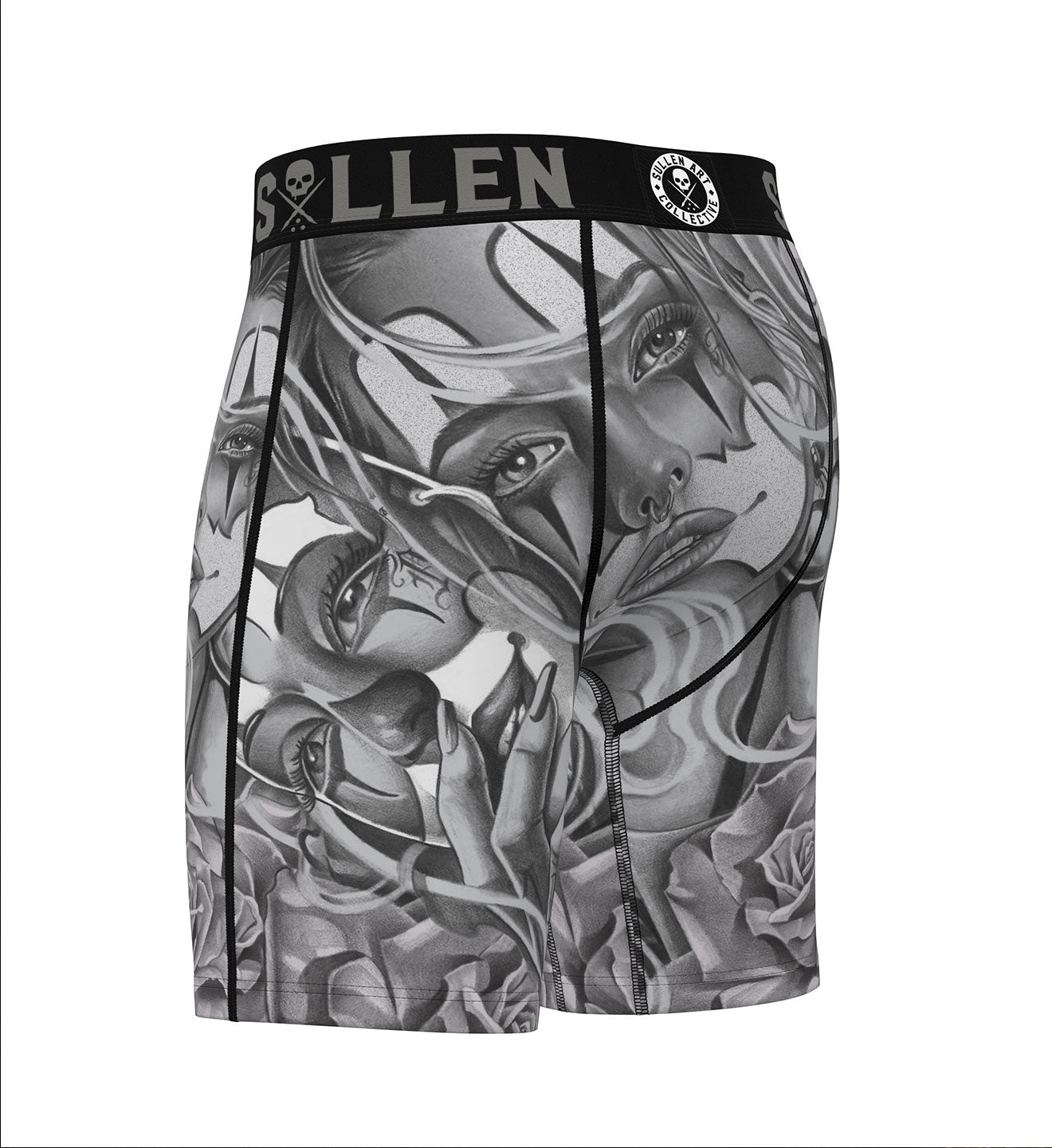 Compression shorts with black and white graphic design on a white background
