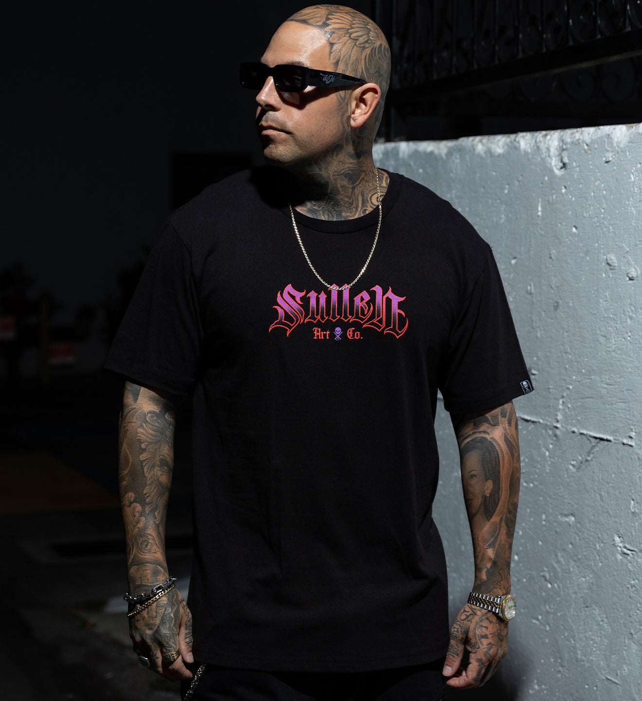 Model wearing Sullen Clothing graphic tee