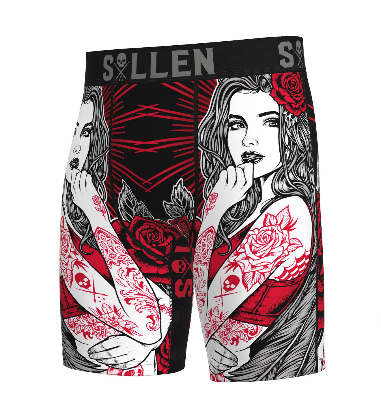 Boxer briefs with artistic design of a woman with tattoos and roses, featuring the brand 'Sullen'.