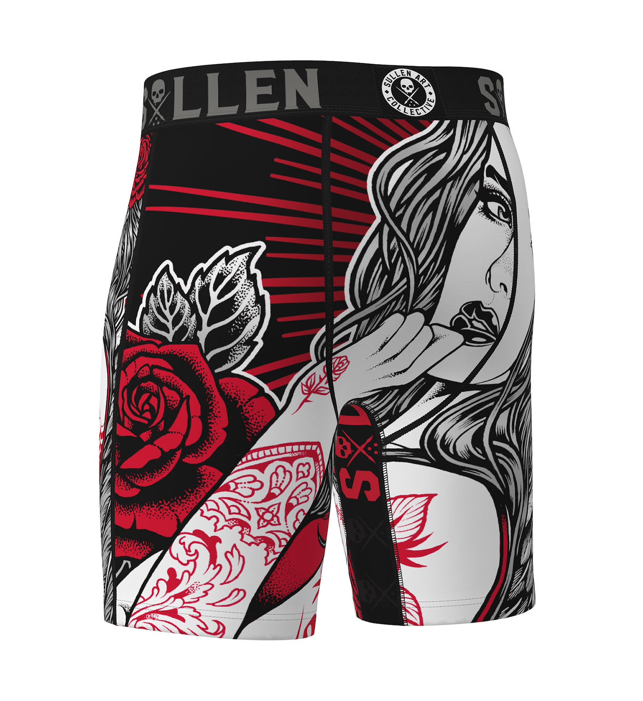 Black athletic shorts with red and white graphics on a white background