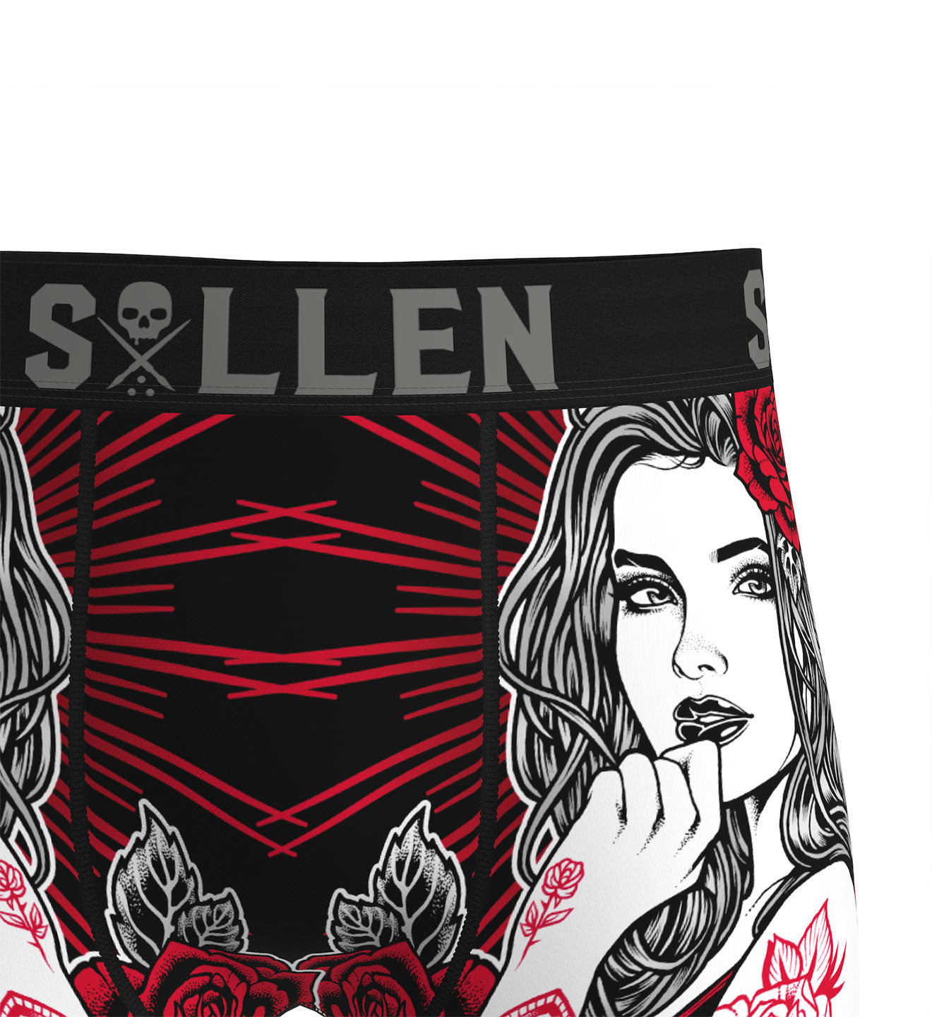 Underwear with a design of a woman eating a rose, featuring the brand 'Sullen'.