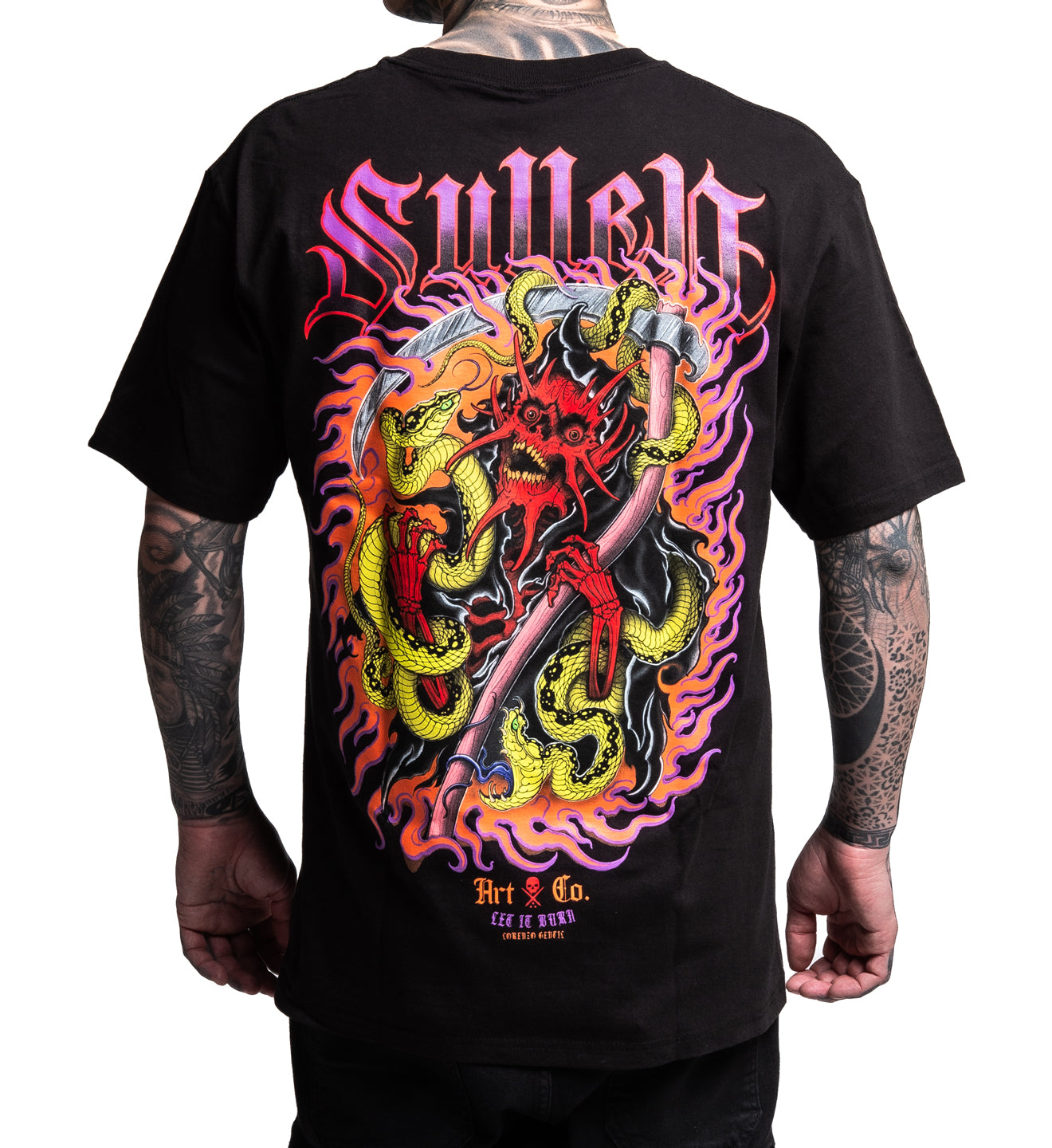 Black t-shirt with colorful graphic design on the back, featuring two snakes and a hammer.