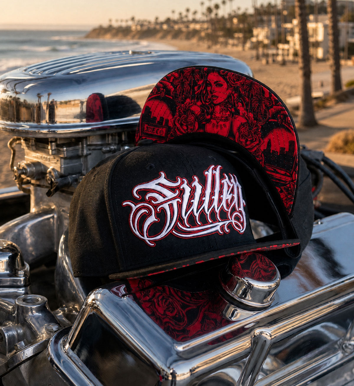Black and red cap with 'Fuller' logo on a motorcycle engine
