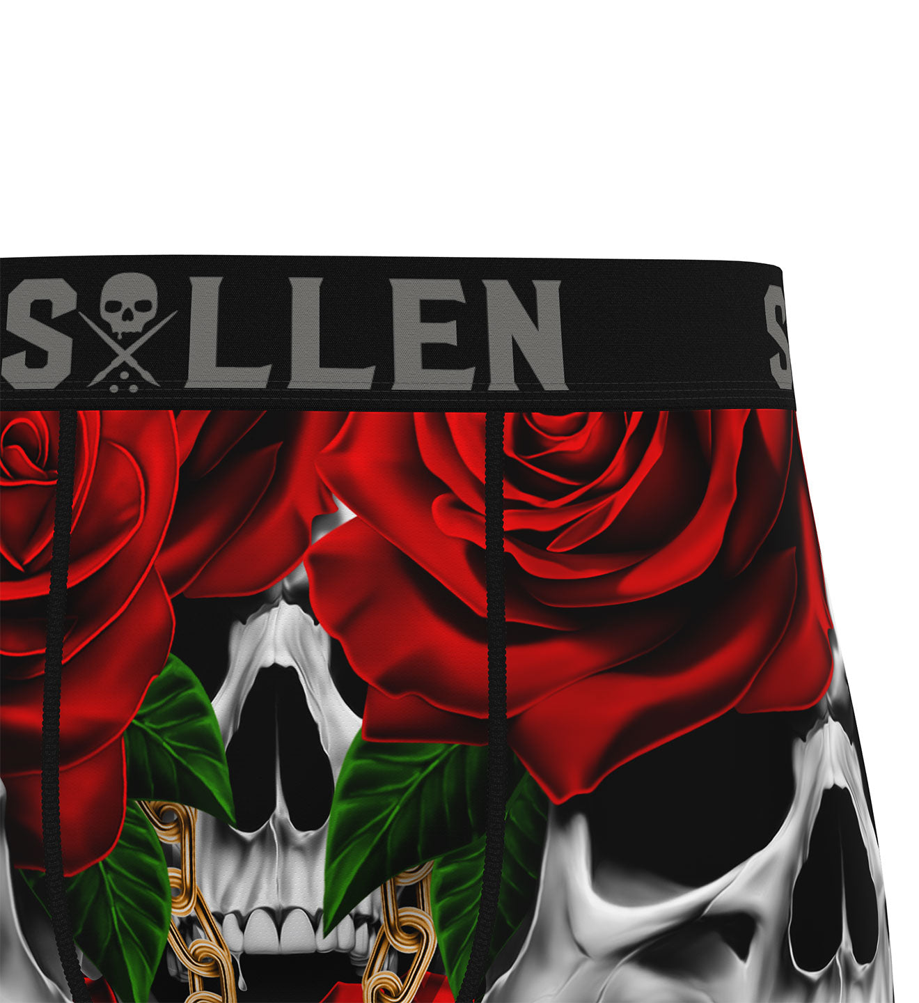 Boxer briefs with a skull and roses design on a white background