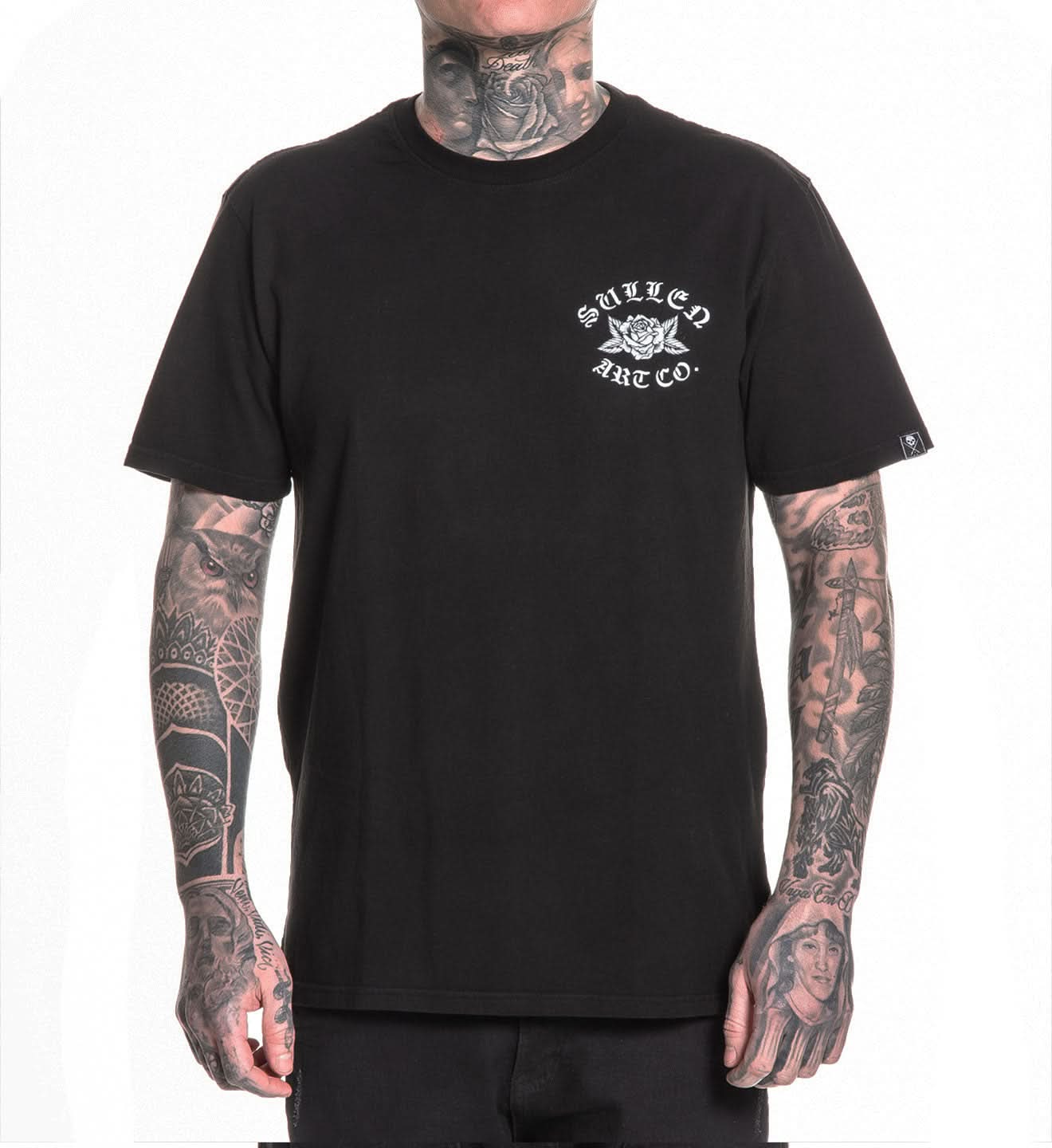 Person wearing a black t-shirt with a logo on a white background