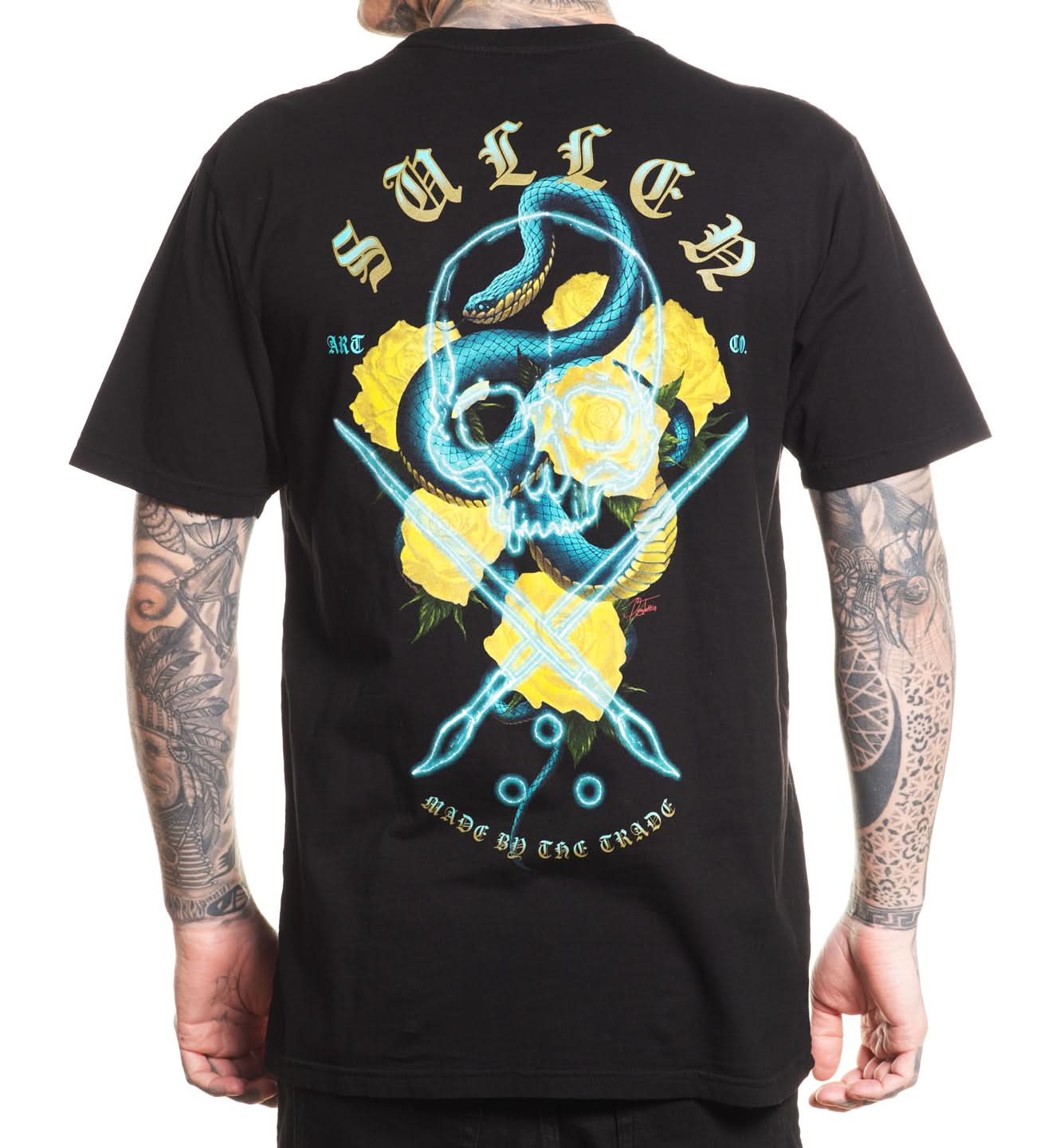 Black t-shirt with a graphic design on the back, featuring a skull, roses, and text.
