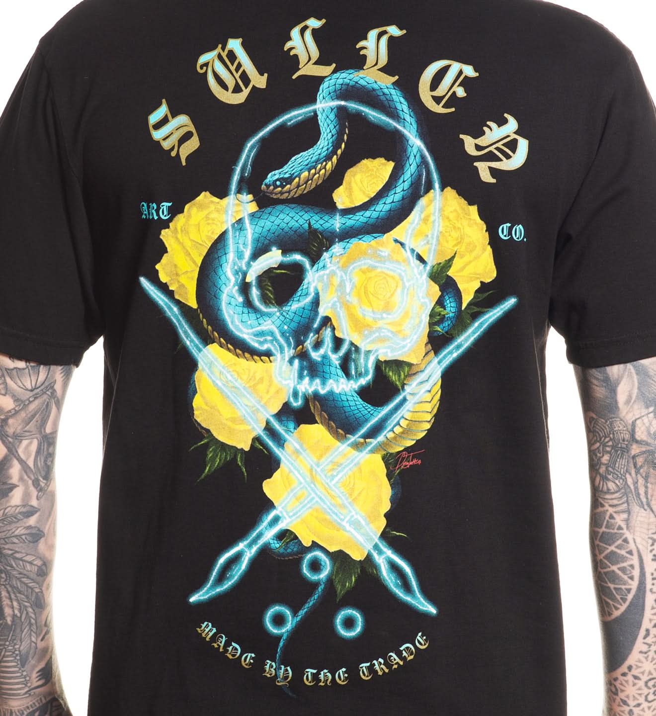 Black t-shirt with a graphic design featuring a snake, roses, and skull, branded 'Sullen'.