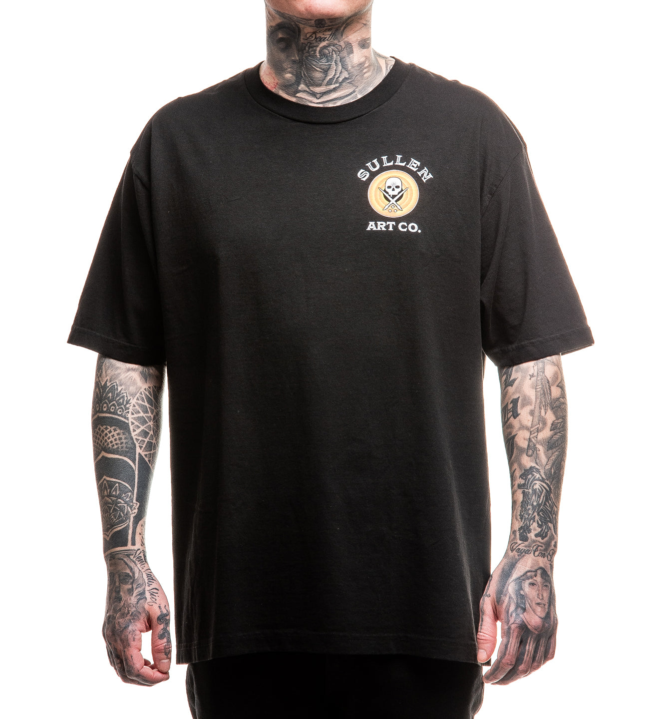 Person wearing a black t-shirt with a logo and text on a white background