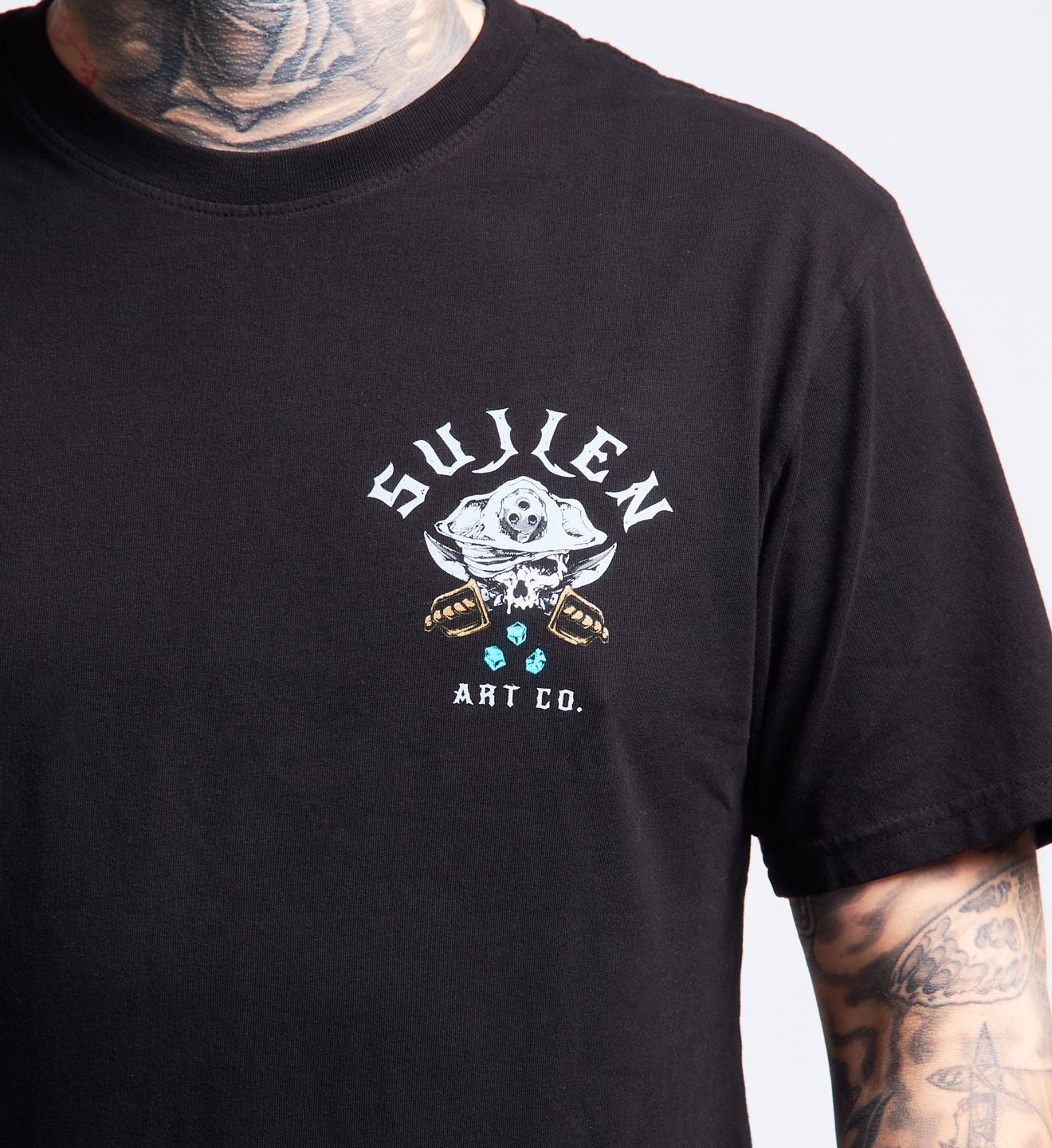 Black t-shirt with a logo and text on a plain background