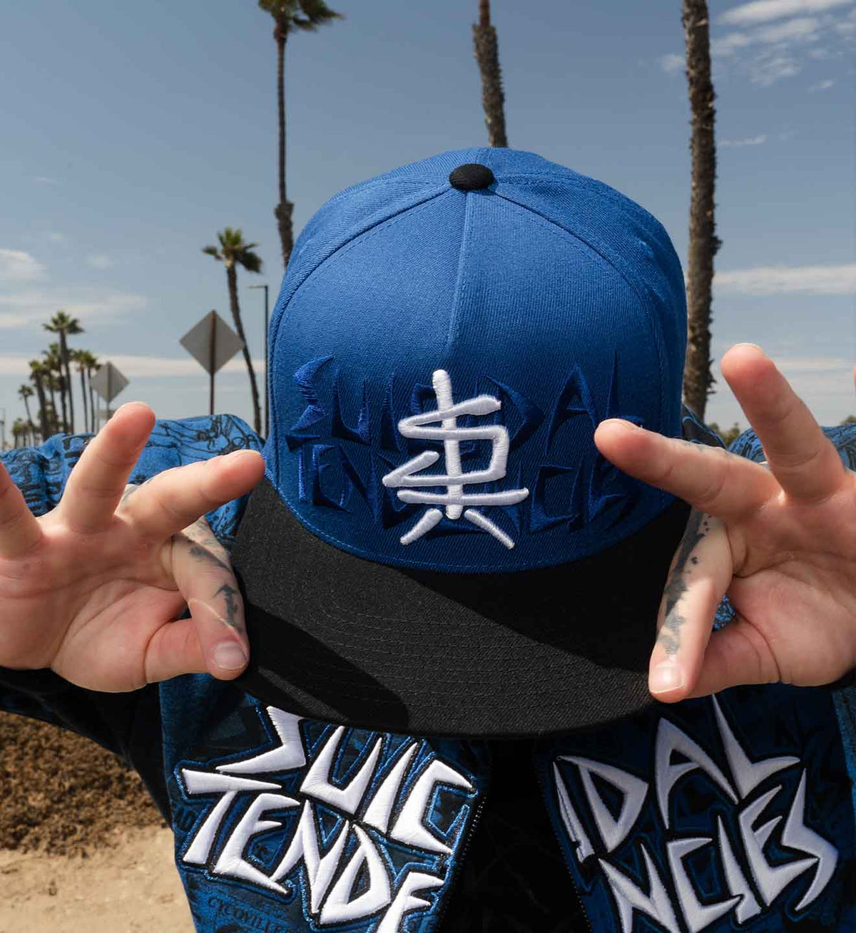 A person outdoors wearing a blue and black snapback cap with a white stylized symbol on the front from Suicidal Tendencies, along with a blue graphic jacket. Palm trees and a sandy beach are visible in the background.