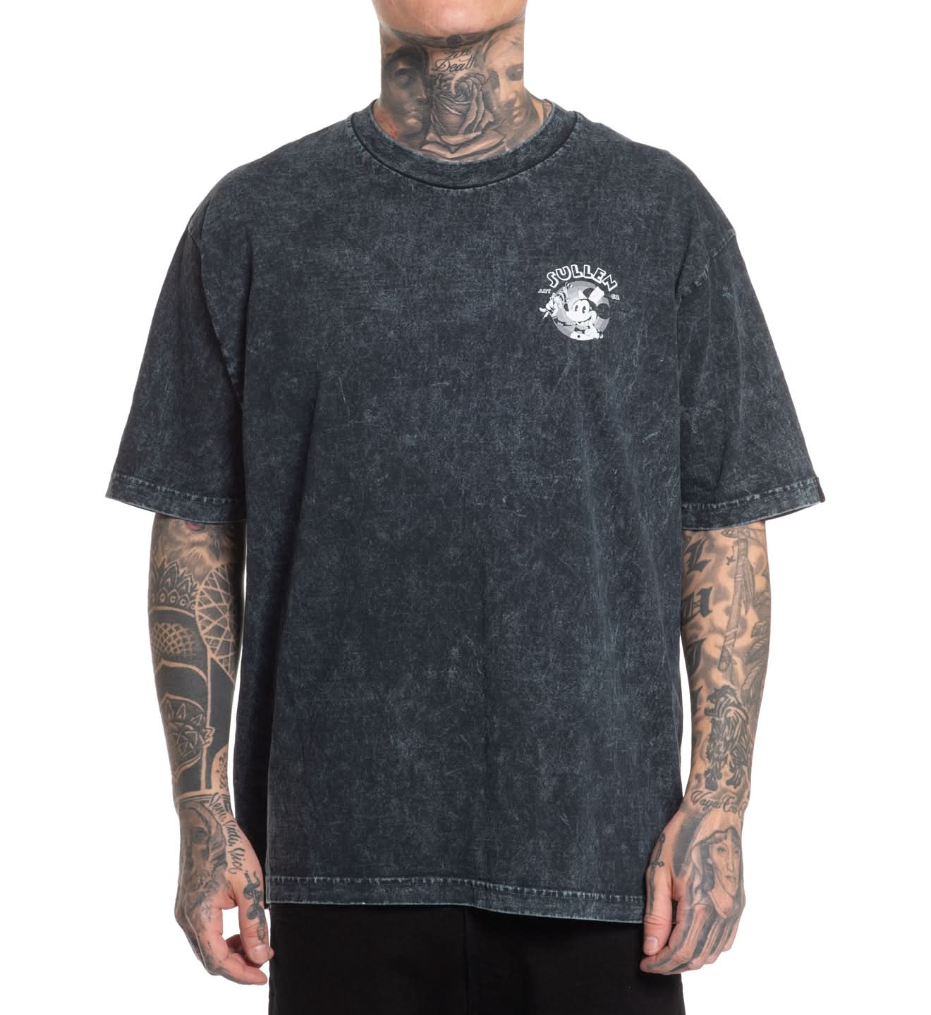 Person wearing a black t-shirt with a logo on a white background