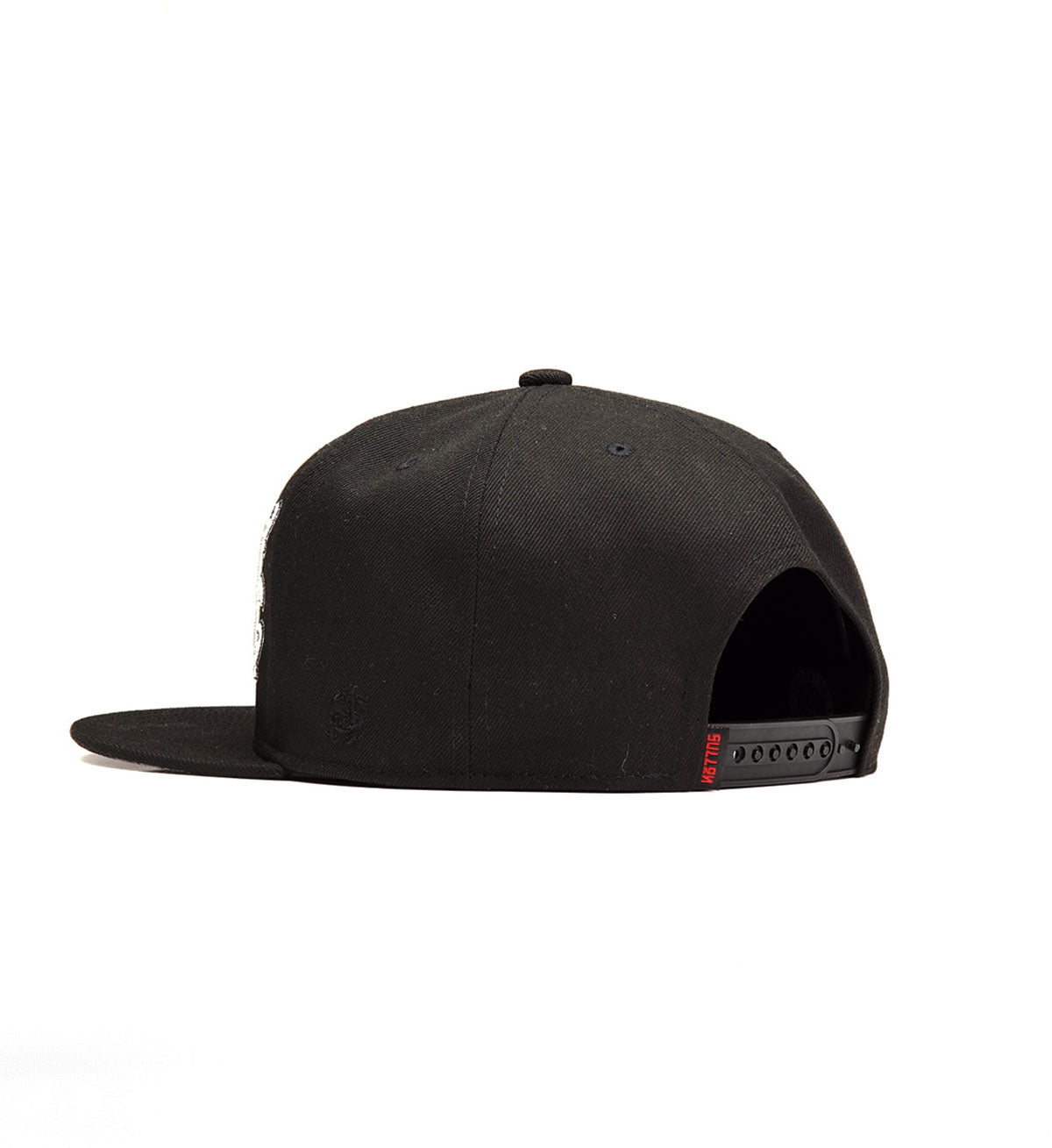 Black cap with a red logo on a white background