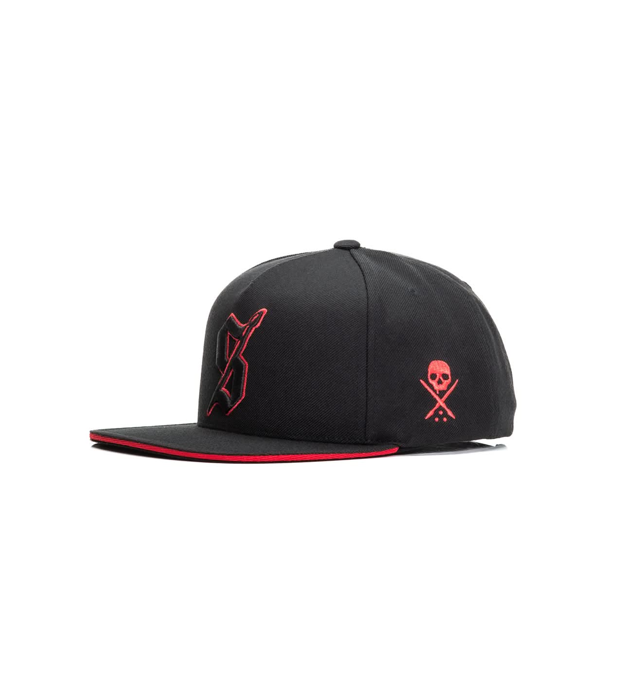 Black cap with red skull and crossbones design on a white background
