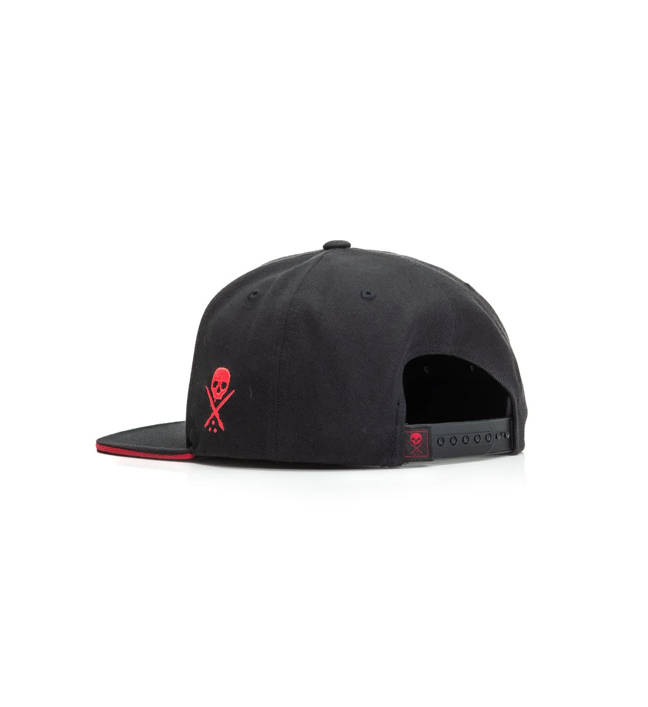 Black cap with a red logo on a white background