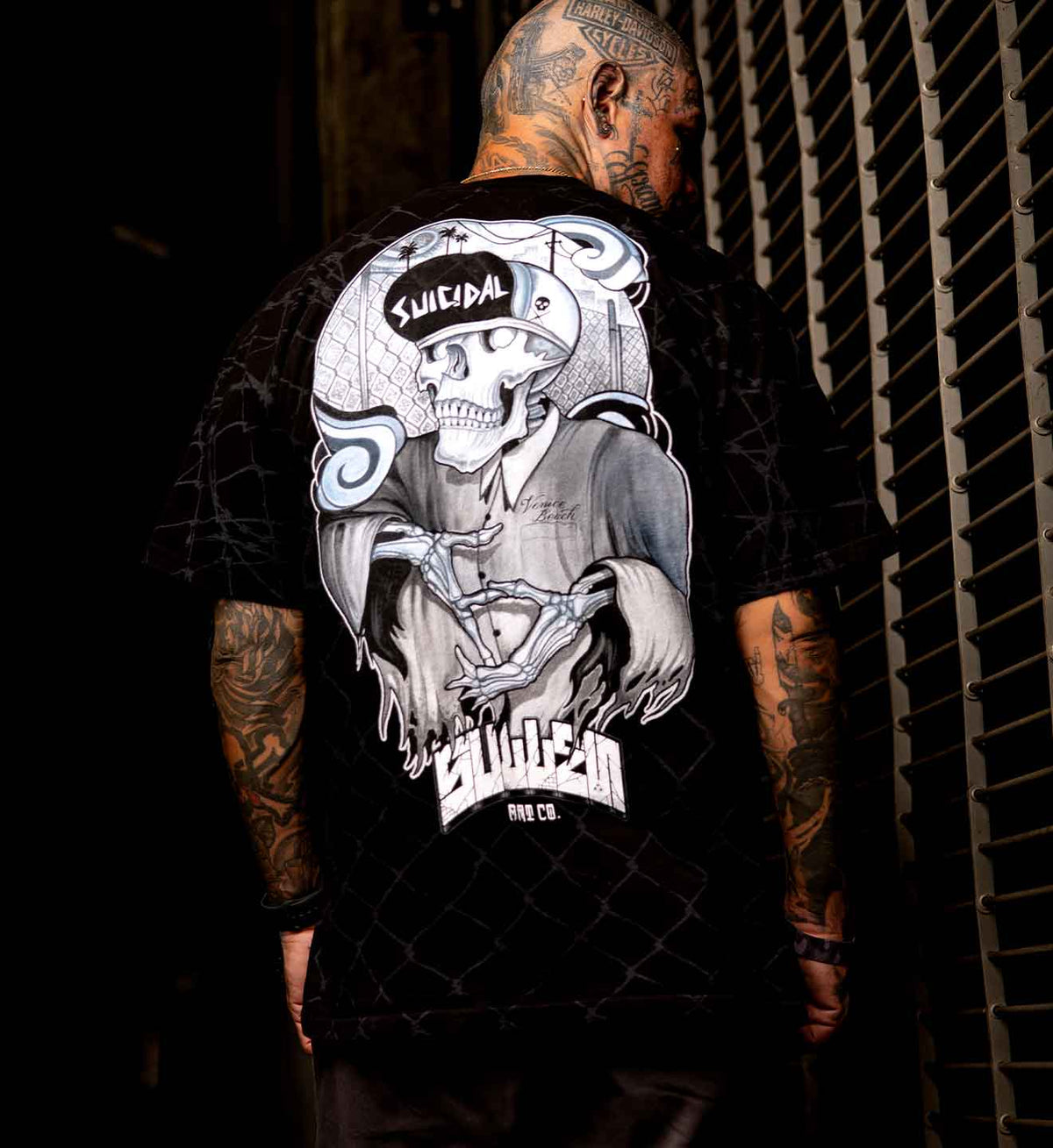 Sullen collaboration Suicidal Tendencies chain link print Rob Struven artwork punk rock skater tee skull artwork on black tee