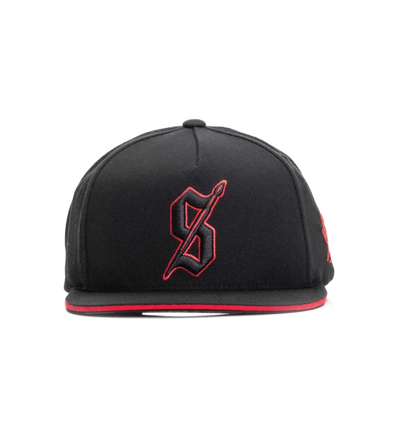 Black cap with red logo on a white background