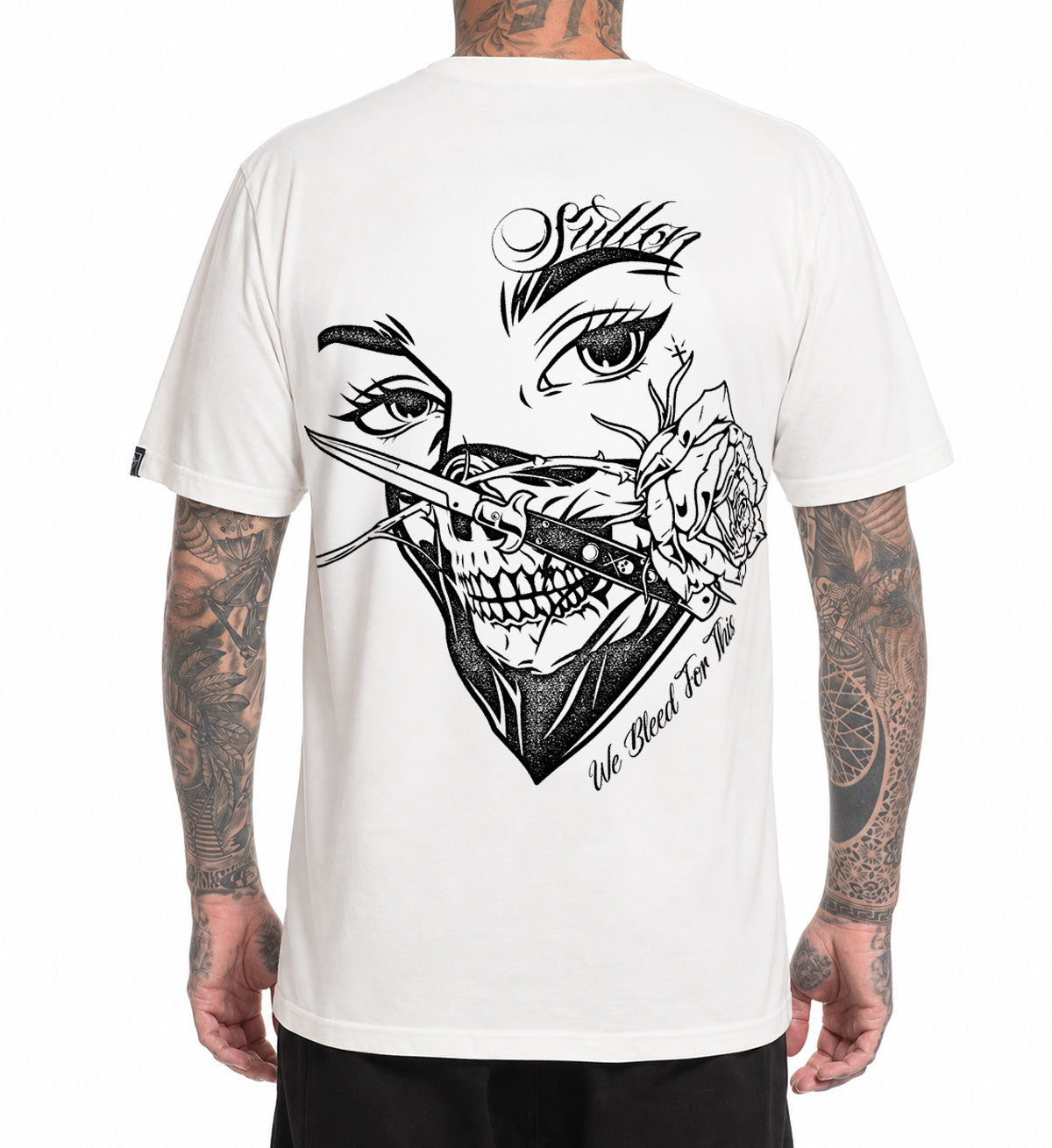 White t-shirt with black graphic design on a white background