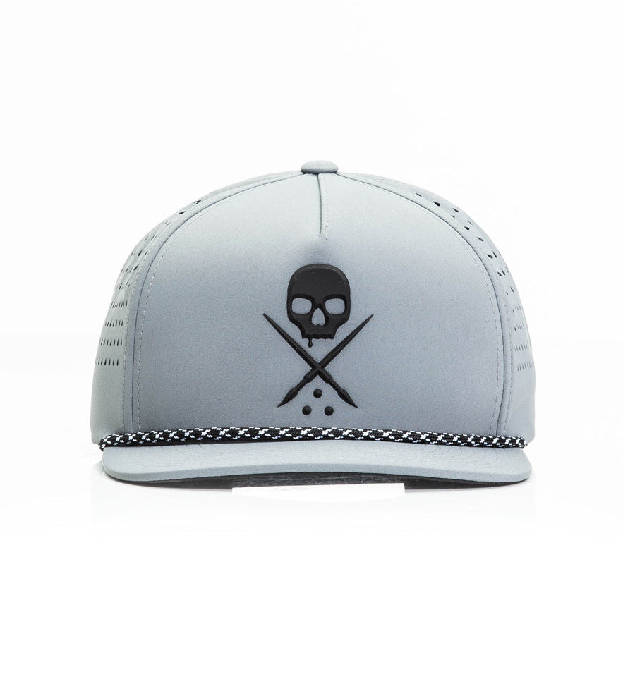 Gray cap with skull and crossbones design on a white background