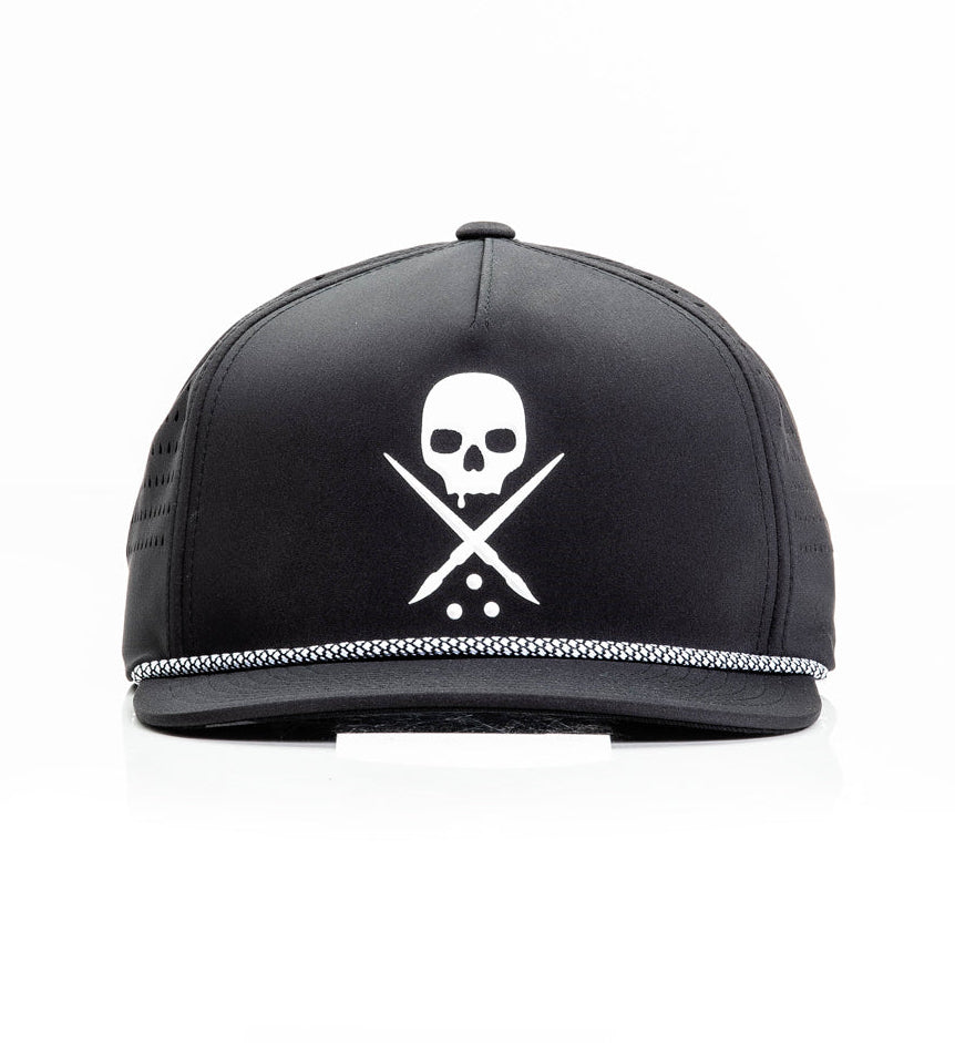 Black cap with skull and crossbones design on a white background